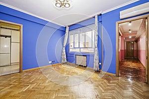 Empty living room with walls painted in chillo blue, French oak parquet floors laid in a herringbone pattern, access to several