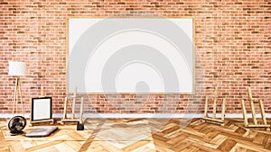 Empty - Living Room white brick wall Loft Style Interior Design. 3D Rendering