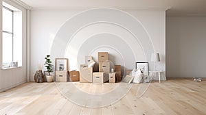 Empty Living Room With White Walls: Moving Boxes And Minimalist Staging