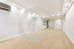 Empty living room with white walls, newly installed laminated floors, kitchen in the background and white access door