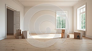 Empty Living Room With Wooden Floor And Moving Boxes photo