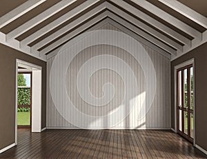 Empty living room with wooden wall on background