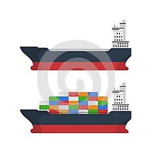 Empty and loaded cargo ship with containers isolated on white. Freight transport with container ship. Import and export