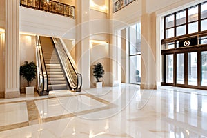 Modern escalator in elegant lobby with marble floor