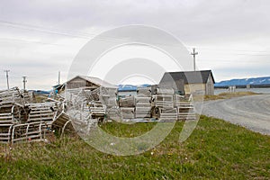 empty lobster and crab traps along the road in newfoundland