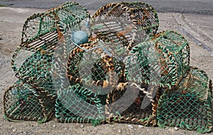 Empty lobster pots stacked and ready