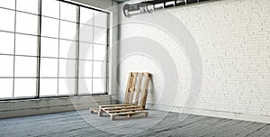 Empty, loft industrial grunge interior. White brick wall and big window with sun