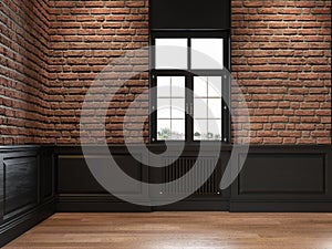 Empty loft interior with brick wall, wall panel and window.