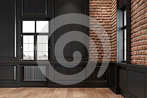 Empty loft interior with wall panel, brick wall and wood floor.