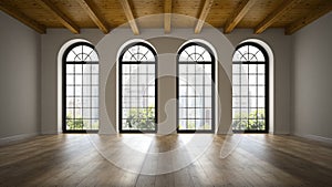 Empty loft room with arc windows 3D rendering photo