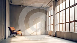 Empty loft room with vintage armchair, large windows and sunlight