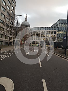 Empty London streets almost with St, Pauls Catheral in the background