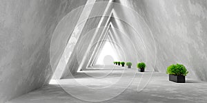 Empty Long Light Corridor. Modern white background. Futuristic Sci-Fi Triangle Tunnel. 3D Render