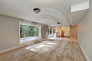 Empty long living room interior with carpet floor.