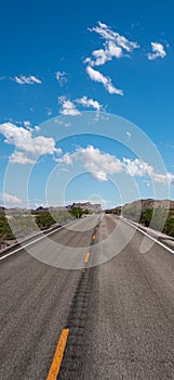 Empty long nevada mountain road to the horizon on a sunny summer day at bright sunset. vertical image for your reel and story