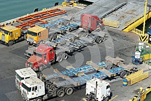 Empty lorries and trucks parked on a loading pier of container terminal in Puerto Barrios.