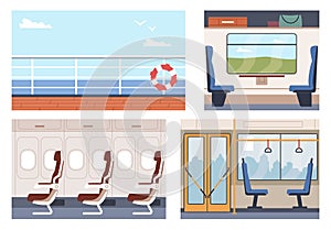 Empty lounges on train, airplane, bus and ship. Public transport interior. Urban transportation system. City vehicle