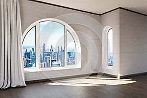 empty luxurious loft apartment with arched window and panoramic view over urban downtown noble interior design mock up with white