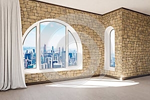 empty luxurious loft apartment with arched window and panoramic view over urban downtown noble interior design mock up with white