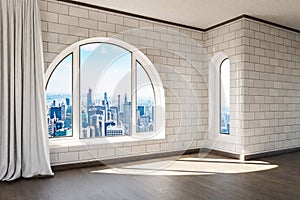 empty luxurious loft apartment with arched window and panoramic view over urban downtown noble interior design mock up with white