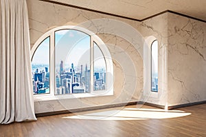 empty luxurious loft apartment with arched window and panoramic view over urban downtown noble interior design mock up with white