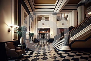 empty luxury hotel lobby with art deco decor and grand staircase, perfect for film shoot