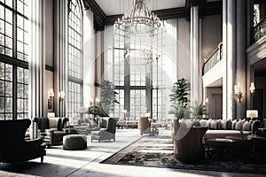 empty luxury hotel lobby with crystal chandelier and plush furniture, surrounded by towering windows