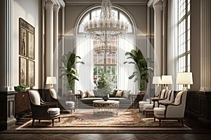 empty luxury hotel lobby with crystal chandelier and plush furniture, surrounded by towering windows