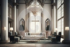 empty luxury hotel lobby with crystal chandelier and plush furniture, surrounded by towering windows