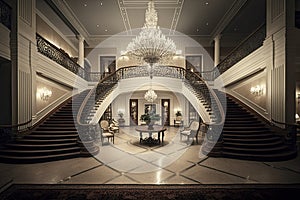 empty luxury hotel lobby with a grand staircase leading to the upper floor and crystal chandelier