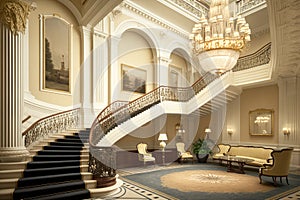 empty luxury hotel lobby with a grand staircase leading to the upper floor and crystal chandelier