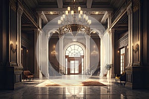 empty luxury hotel lobby, with shining marble floors and towering chandeliers, ready for the next guest