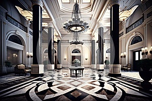 empty luxury hotel lobby, with shining marble floors and towering chandeliers, ready for the next guest