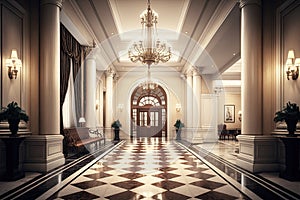 empty luxury hotel lobby, with shining marble floors and towering chandeliers, ready for the next guest