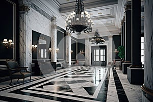 empty luxury hotel lobby, with shining marble floors and towering chandeliers, ready for the next guest