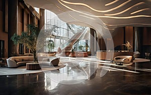 Empty luxury hotel lobby, with sleek modern design and chic decor. Elegant expensive materials like marble, metal, stone. AI