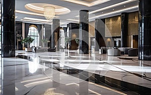 Empty luxury hotel lobby, with sleek modern design and chic decor. Elegant expensive materials like marble, metal, stone. AI