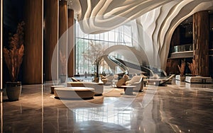 Empty luxury hotel lobby, with sleek modern design and chic decor. Elegant expensive materials like marble, metal, stone. AI