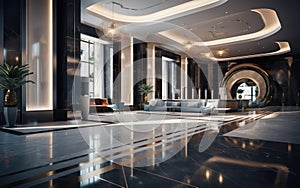 Empty luxury hotel lobby, with sleek modern design and chic decor. Elegant expensive materials like marble, metal, stone. AI