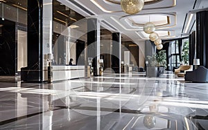 Empty luxury hotel lobby, with sleek modern design and chic decor. Elegant expensive materials like marble, metal, stone. AI