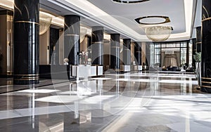 Empty luxury hotel lobby, with sleek modern design and chic decor. Elegant expensive materials like marble, metal, stone. AI