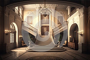 empty luxury hotel reception with grand stairway and chandelier, waiting for guests to arrive