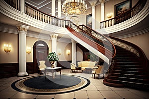 empty luxury hotel reception with grand stairway and chandelier, waiting for guests to arrive