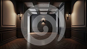 Empty Luxury Room Interior With Brown Wooden Floor, Wall Panels And Lights - Generative AI