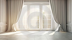 Empty luxury white wainscot wall room folding glass. Generative AI