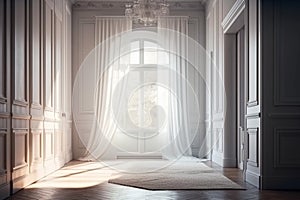 Empty luxury white wainscot wall room, folding glass panel door to backyard,shadow for interior decoration