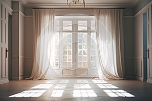 Empty luxury white wainscot wall room, folding glass panel door to backyard,shadow for interior decoration