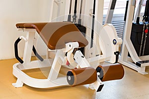 Empty lying leg curve exercise machine in modern gym