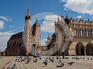 Almost empty Main Square in Krakow during coronavirus covid-19 pandemic.  View over Wislna street