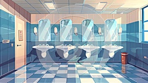 An empty male public toilet with closed and open cubicles, urinals, a washbasin with a mirror and liquid soap, a litter